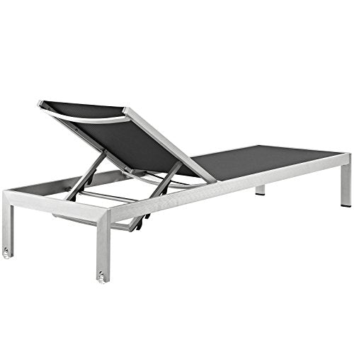 Modway Shore Aluminum Textilene Mesh Outdoor Patio Chaise Lounge Chair and Side Table Set Black