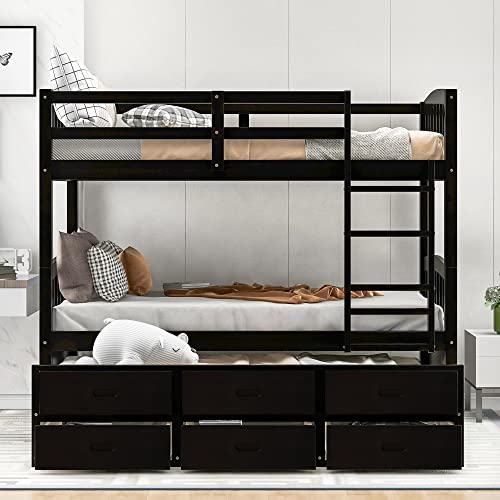 Merax Twin Over Twin Bunk Bed with Trundle & Drawers Espresso