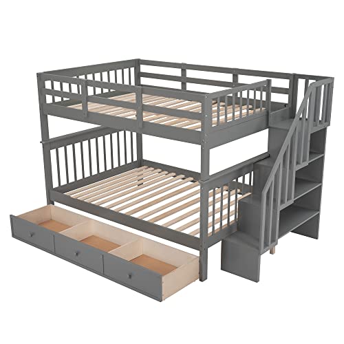 Harper & Bright Designs Full Over Full Bunk Beds with Stairs & Storage Grey