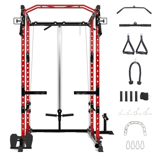Flarhetoric Power Cage 2000 Lbs Home Gym Squat Rack with Cable Cross-Over & LAT Pull Down Black and Red