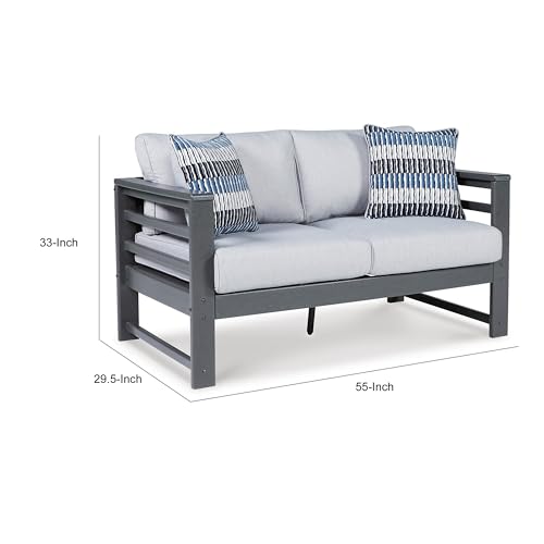 Benzara 55 Inch Outdoor Loveseat Gray Frame Cushioned Seat with 2 Throw Pillows Grey