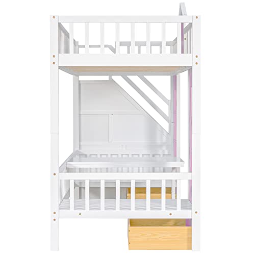 Harper & Bright Designs Twin Size Loft Bed with Stairs and Desk Pink
