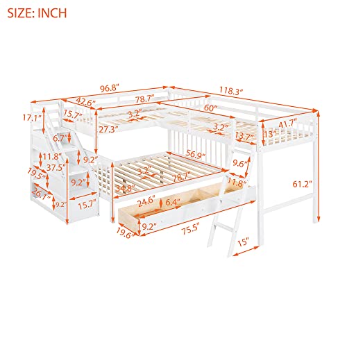 DRELOFT L-Shaped Twin Bunk Bed with Storage Drawers White