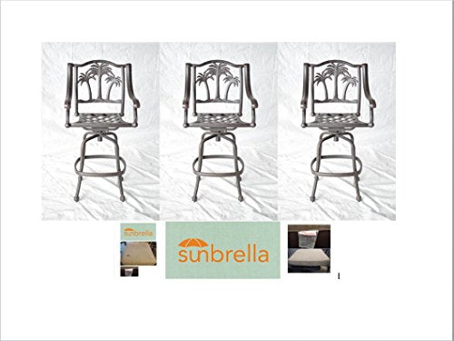 Patio Land Palm Tree Outdoor Patio Set 3pc Swivel Barstools Dark Bronze with Sunbrella Sesame Cushions
