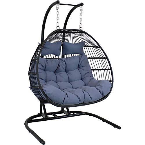 Sunnydaze Liza Egg Chair Loveseat Black Wicker Frame with Gray Cushions