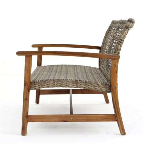 Noble House Breakwater 5-Piece Outdoor Wood and Wicker Loveseat Set Grey