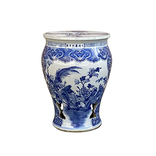 Orientliving Chinese Blue & White Porcelain Flower Birds Large Round Stool Table