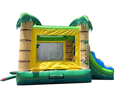 Pogo Bounce House Inflatable Jungle Castle with Slide Tropical Smiley Face