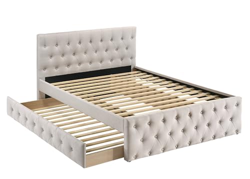 Kaimei Contemporary Twin Bed with Slatted Trundle, Tufted Headboard and Footboard Light Brown
