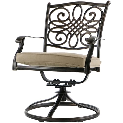 Hanover Monaco 5-Piece Outdoor Patio Dining Set with 4 Cushioned Swivel Rocker Chairs and 51" Round Tile-Top Table, Brushed Bronze Finish Tan