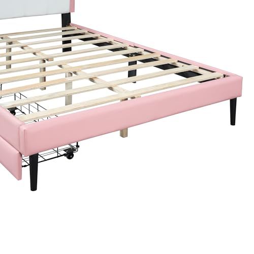 Brisca PU Upholstered Princess Bed with Crown Headboard and Storage, White+Pink