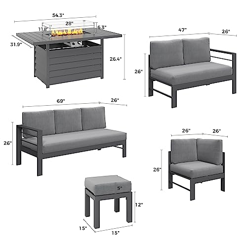 Solaste 6 Piece Aluminum Patio Furniture Set with Fire Pit Table and Ottoman Grey