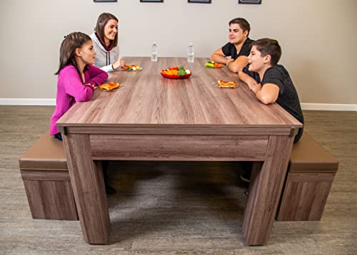 Hathaway Newport 7-ft Pool Table Tennis Combination with Dining Top, Two Storage Benches - Woodtone