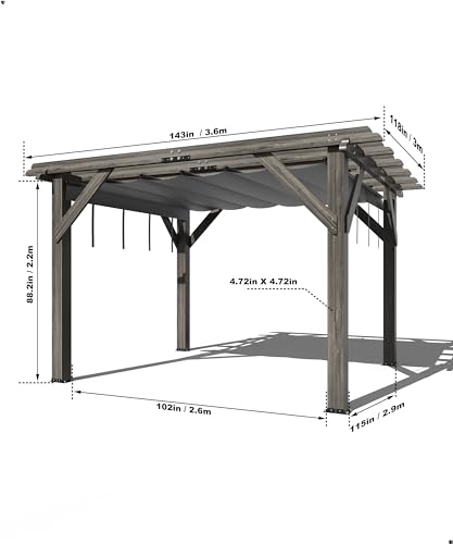 DEXSO 10' x 12' Cedar Wood Pergola with Retractable Shade Canopy Charcoal Gray