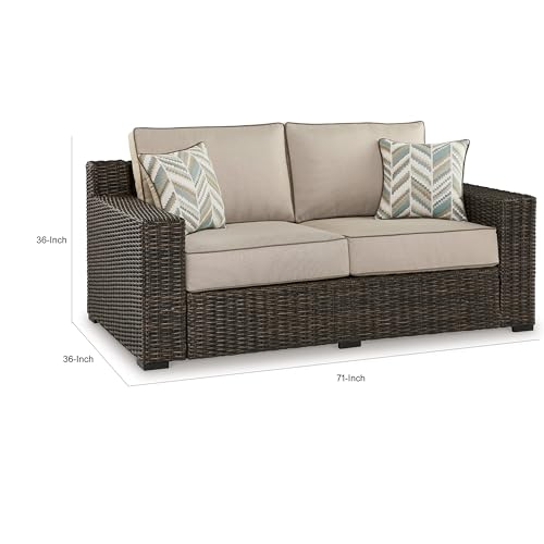 Benzara 71 Inch Outdoor Loveseat with 2 Throw Pillows Resin Wicker Brown Beige Black