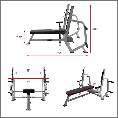 Valor Fitness Olympic Weight Bench Press Station Spotter Arms Adjustable Safety Catch Plate Storage Pegs Power Lifting Home Gym Workout Equipment BF-49 Metallic Grey and Black