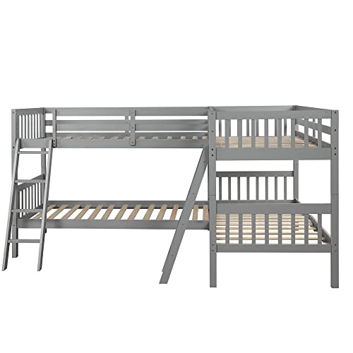 BOVZA L-Shaped Quad Bunk Bed Twin Size with Ladders & Guardrails Grey