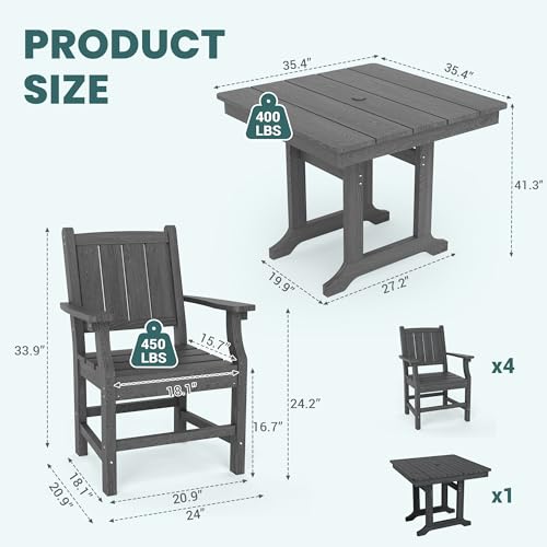 Pamapic 5 PCS Outdoor Dining Set HDPE Table and Chairs with Umbrella Hole Grey