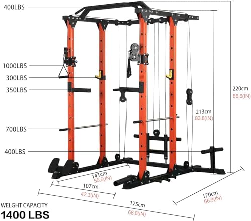 REDAEL Versatile Power Cage with LAT Pulldown, Weight Storage, and Optional Bench Orange+Black