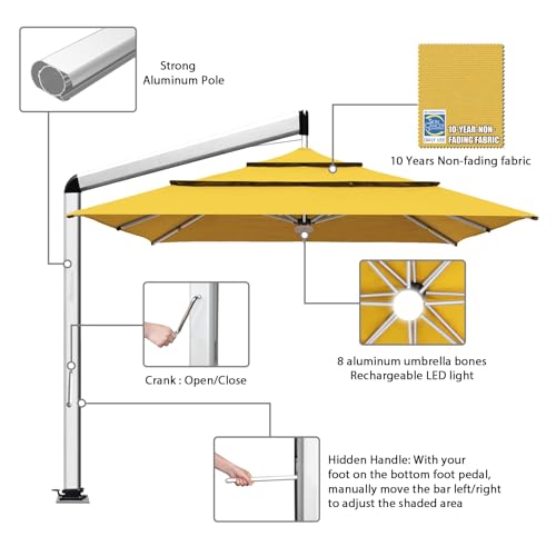 EliteShade Atlas 3-Tier 10x10FT Aluminum Crank Open Cantilever Patio Umbrella Sunflower Yellow