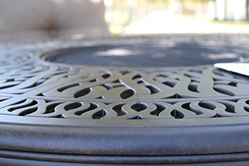 Patio Land Grand Tuscany 7 pcs Round Fire Gas Dining Set Dark Bronze with Sunbrella Sesame Cushions