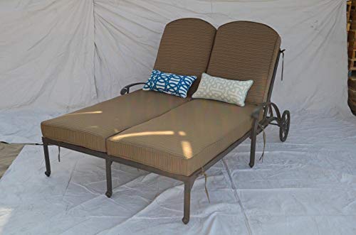 Patio Land Nassau Outdoor Patio Double Chaise Lounge Cast Aluminum Dark Bronze Walnut Cushions