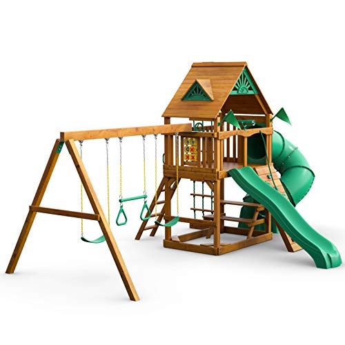 Gorilla Playsets Mountaineer Wooden Swing Set with Slides & Wood Roof Brown