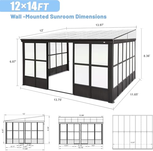 ANTSKU 12x14FT Outdoor Permanent Wall Mounted Sunroom with Detachable Polycarbonate Windows, Aluminum Gazebo, Dark Brown