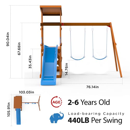 DOLPHIN PLAYGROUND T Wooden Swing Set with Slide and Sandbox for Ages 2-6