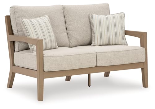 Signature Design by Ashley Hallow Creek Cottage Weather Resistant Outdoor Loveseat with Cushion and 2 Throw Pillows Light Brown & Beige