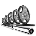 XMark Combo Offer 185 lb Set of Rubber Coated Olympic Weight Plates with 7 ft Deadlift Commercial Olympic Bar Black
