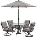 Hanover Lavallette 5-Piece Outdoor Dining Set with Umbrella, 4 Swivel Rocker Chairs, 52'' Glass-Top Table, Weather Resistant Silver