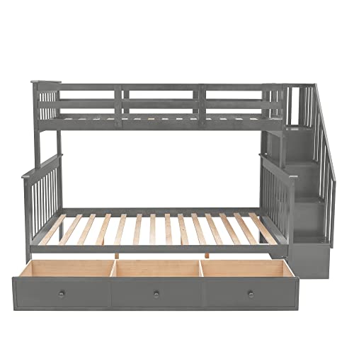 MERITLINE Twin Over Full Bunk Bed with Storage Drawers, Shelves, Guardrails, and Stairs Grey