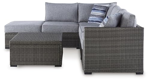 Signature Design by Ashley Petal Road Casual Weather Resistant Outdoor Loveseat Sectional Set with Ottoman, Table & 2 Throw Pillows Grey