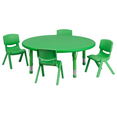 EMMA + OLIVER 45" Round Green Plastic Adjustable Activity Table Set with 4 Chairs