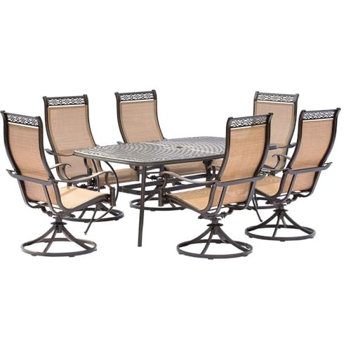 Hanover Manor 7-Piece Outdoor Dining Set with Cast-Top Aluminum Table and 6 Tan PVC Sling Rockers Cast/Sling