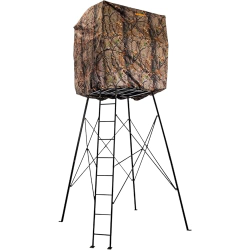 MUDDY 12 Foot Quad Pod Ladder Stand with 57" Platform and Hunting Blind, Epic Camo Multi