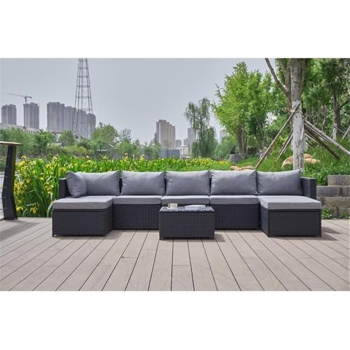 Pemberly Row Gray Wicker/Rattan Sectional with Storage Ottoman Grey