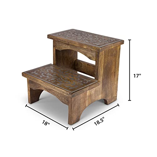 GG Collection Heritage Mango Wood Metal Step Stool Brown