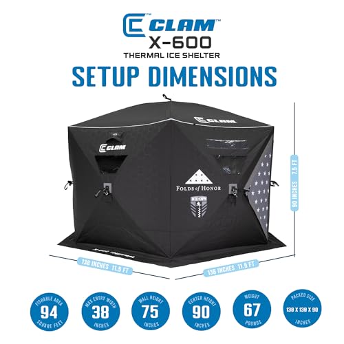 CLAM Thermal Ice Shelter 6 Person Insulated Winter Fishing Hub Tent X-600 Portable Popup Heated Camping House Black Ice Ops
