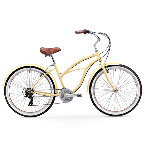 sixthreezero Women's 21-Speed Beach Cruiser Bicycle Cream w/ Brown Seat/Grips