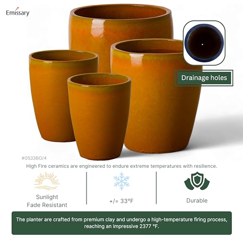 Emissary Bright Orange Ceramic Round Planters Set of 4 with Drainage Holes (12in., 14in., 15.5in., 21in.)