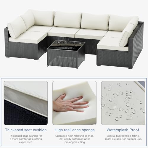 Skyfish 7 Pieces Patio Furniture Set Outdoor Sectional Wicker Rattan with Cushion and Glass Table Black & Beige