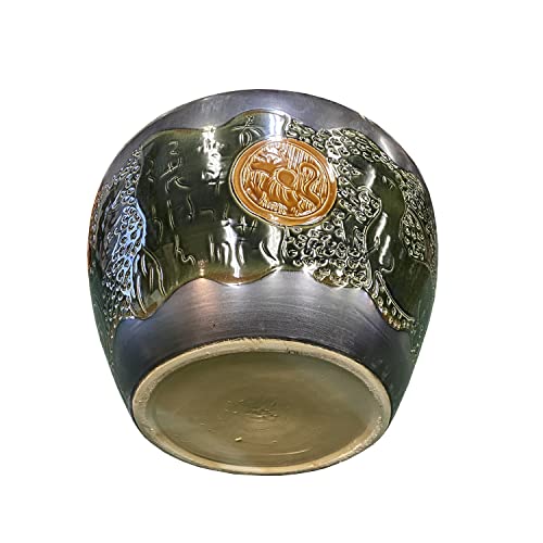 Orientliving Chinese Dark Gray Black Ceramic Motif Pattern Accent Pot Planter Black