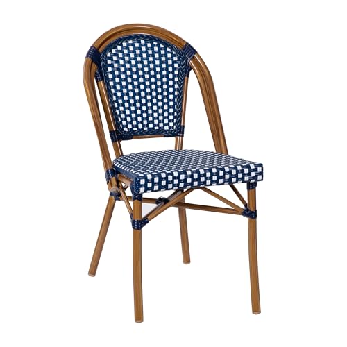 Flash Furniture Bordeaux Indoor/Outdoor Bistro Set - Tempered Glass Top Table with 4 Chairs - Navy & White Rattan/Natural Frame