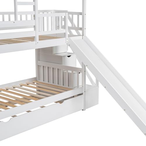 Polibi Twin-Over-Twin Bunk Bed with Storage, Trundle & Slide White