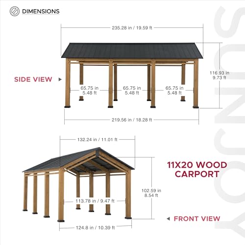 Sunjoy Heavy Duty Wood Gazebo Carport 11 ft. x 20 ft. Black/Wood Color