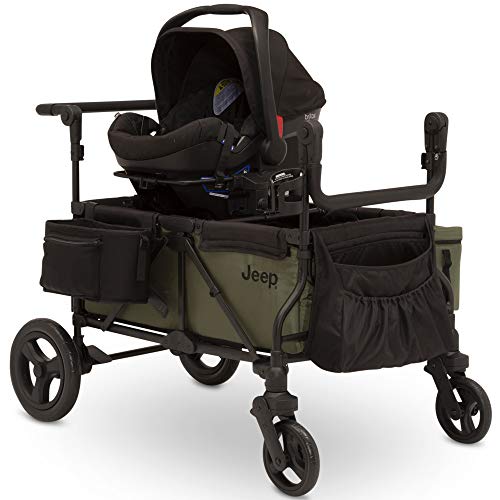 Delta Children Jeep Deluxe Wrangler Stroller Wagon with Cooler Bag and Parent Organizer Black/Olive Green