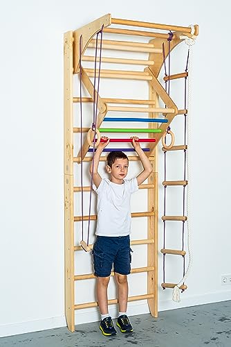 Generic Wooden Sport Ladder Set - Swedish Ladder w/Pull Up Bar, Rope Attachments, Monkey Triangle - Wall Stall Bars (Adjustable Pull Up Bar)