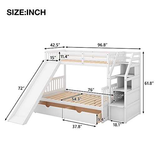 Flieks Twin Over Full Bunk Bed with Drawers and Slide White